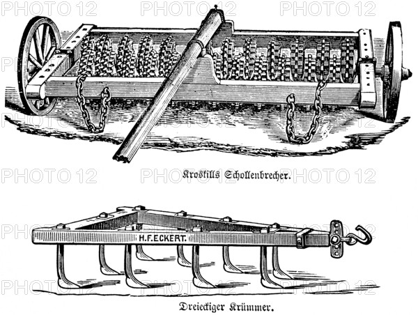 Kroskills clod crusher with iron chains, triangular bend, plough, agriculture in the 19th century,