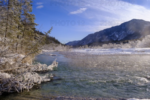 Winter on the young Isar between Wallgau and Vorderriss, Tölzer Land, Upper Bavaria, Bavaria,