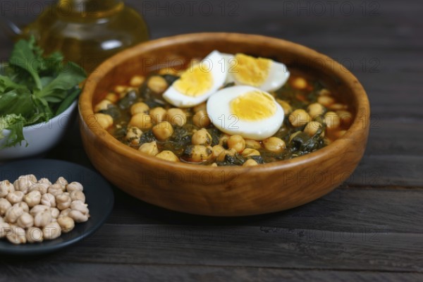 Wooden bowl with chickpeas with spinach and hard-boiled egg on wooden table