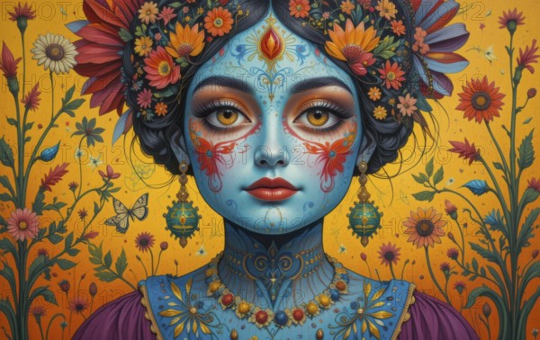 A vibrant portrait of a woman with blue skin, adorned with floral decorations and intricate