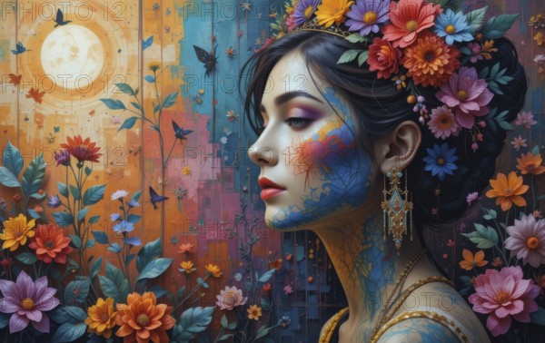 A vibrant artwork showcases a woman adorned with floral headpiece and face paint, set against a