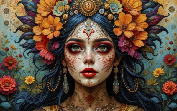 This vibrant image features a woman's face adorned with floral headdress and intricate face paint,