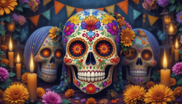 A vibrant image of beautifully decorated sugar skulls, candles, and colorful flowers set in a