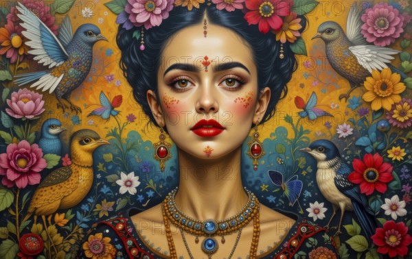 A captivating portrait of a woman adorned with flowers and birds, emanating beauty and cultural