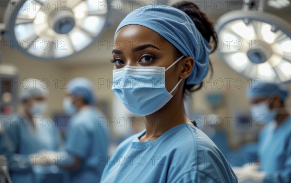 A beautiful black female surgeon wearing a surgical mask and scrub cap in an operating room,