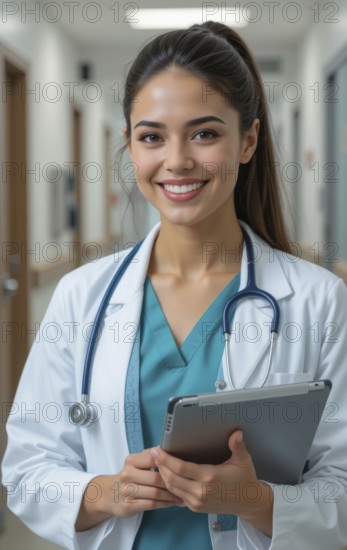 A smiling female doctor stands in a hospital hallway, holding a tablet and wearing a stethoscope.