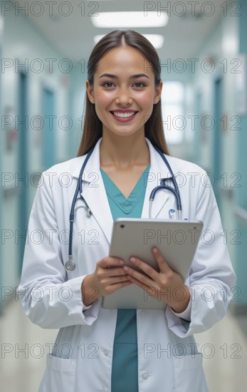 A smiling female doctor in a white coat and stethoscope holds a tablet in a hospital hallway, AI