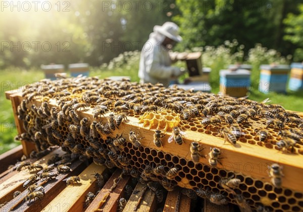 A close-up of a honeycomb frame bustling with honeybees, with a blurred beekeeper and beehive in
