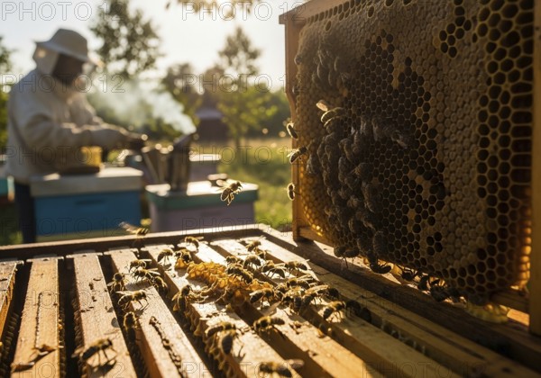 A close-up of a honeycomb frame bustling with honeybees, with a blurred beekeeper and beehive in