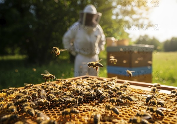 A close-up of a honeycomb frame bustling with honeybees, with a blurred beekeeper and beehive in
