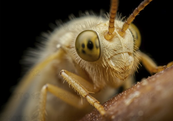 : Extreme close-up of an insect's head, revealing intricate compound eyes, delicate antennae, and