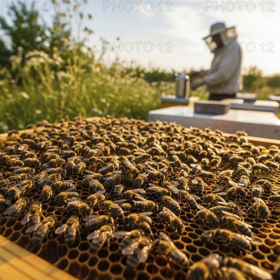 A close-up of a honeycomb frame bustling with honeybees, with a blurred beekeeper and beehive in