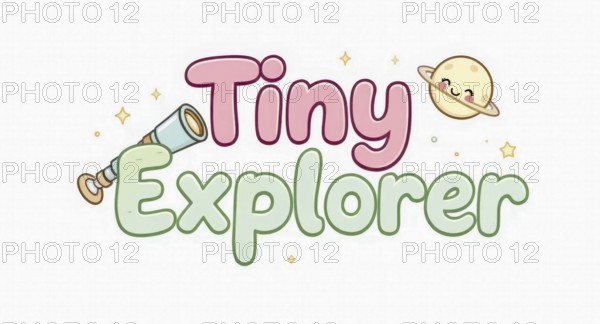 Cute cartoon illustration of the words 'Tiny Explorer' with a telescope, planet, and stars. Ideal