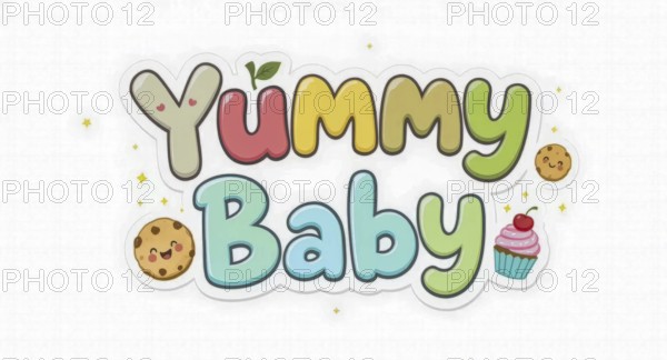 This adorable image features the words 'Yummy Baby' in colorful, playful lettering, accompanied by
