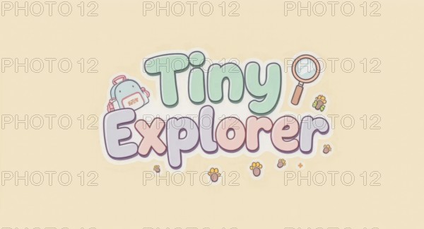 A cute illustration of the words Tiny Explorer accompanied by a backpack, magnifying glass, and paw