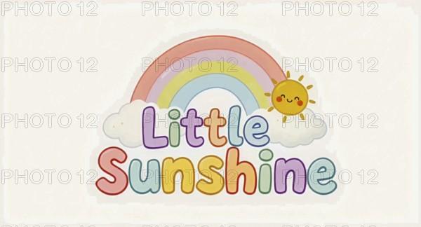 A colorful illustration of a rainbow, sun, and clouds with the words Little Sunshine, AI generated