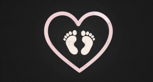 A pink heart with baby footprints inside on a black background, perfect for baby-related themes.