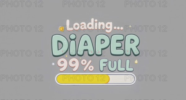 A humorous illustration depicts a diaper loading to 99% full, with playful text. The design
