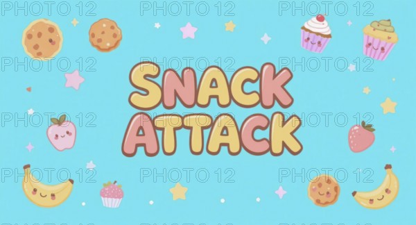 A cute illustration with a Snack Attack theme, featuring various snacks, and cartoon characters on
