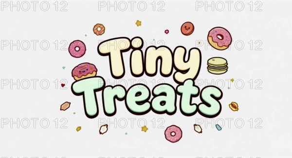 A cute illustration of the words Tiny Treats with various dessert elements scattered around, AI