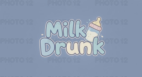 A whimsical cartoon design featuring the words Milk Drunk with a baby bottle illustration on a blue