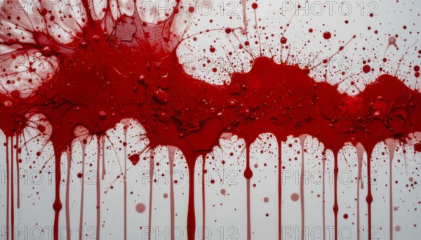 An abstract art piece featuring vibrant red paint splatters and drips against a clean white