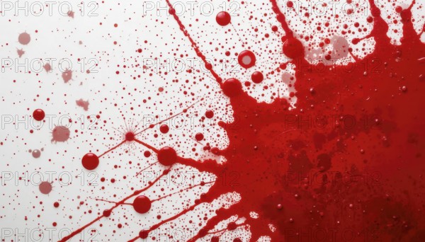 Abstract red paint splatter on white background. Artistic paint drops creating dynamic and
