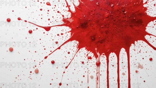 A vibrant red paint splatter, with droplets and streaks, against a clean white background. Dynamic