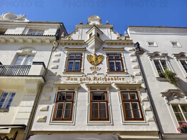 Decorative historic façade with eagle on a bright blue sky Old town Bürgerhaus Zum goldenen