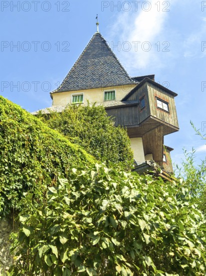 Historic tower and half-timbered house embedded in green vegetation under a blue sky Graz Clock
