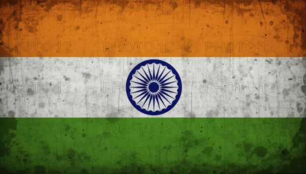 A weathered, vintage-style image of the Indian flag, featuring saffron, white, green stripes and