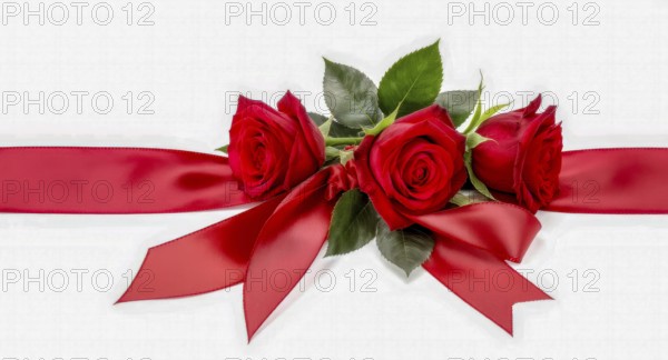 A beautiful image showcasing vibrant red roses with a silky ribbon on a pristine white backdrop,