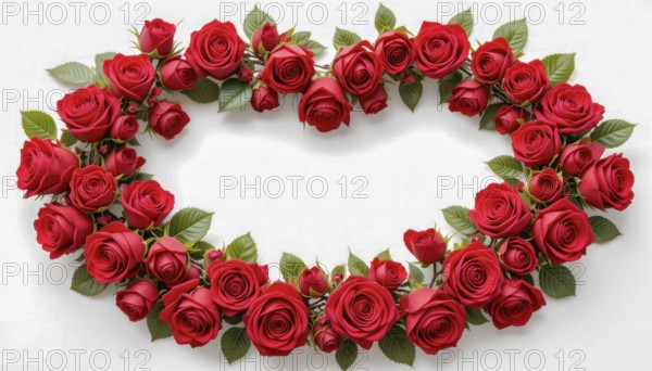A vibrant heart-shaped arrangement of red roses and green leaves on a white background, perfect for