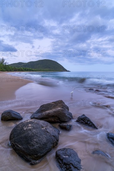 Grande Anse beach, coast and sea at dawn, Deshaies, Basse Terre, Guadeloupe, French Antilles,