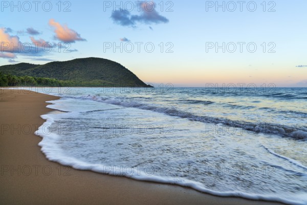 Grande Anse beach, coast and sea at dawn, Deshaies, Basse Terre, Guadeloupe, French Antilles,