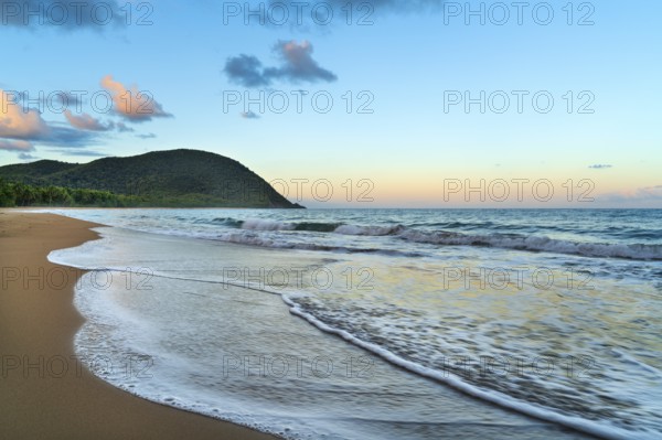 Grande Anse beach, coast and sea at dawn, Deshaies, Basse Terre, Guadeloupe, French Antilles,