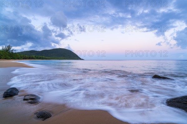 Grande Anse beach, coast and sea at dawn, Deshaies, Basse Terre, Guadeloupe, French Antilles,