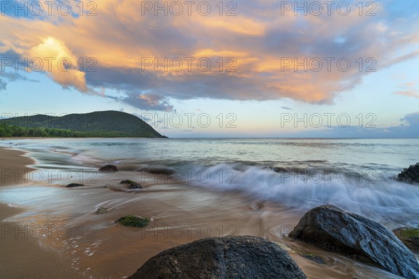 Grande Anse beach, coast and sea at dawn, Deshaies, Basse Terre, Guadeloupe, French Antilles,