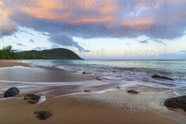 Grande Anse beach, coast and sea at dawn, Deshaies, Basse Terre, Guadeloupe, French Antilles,