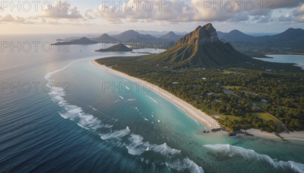 An aerial view showcases a breathtaking tropical landscape with a long sandy beach, turquoise