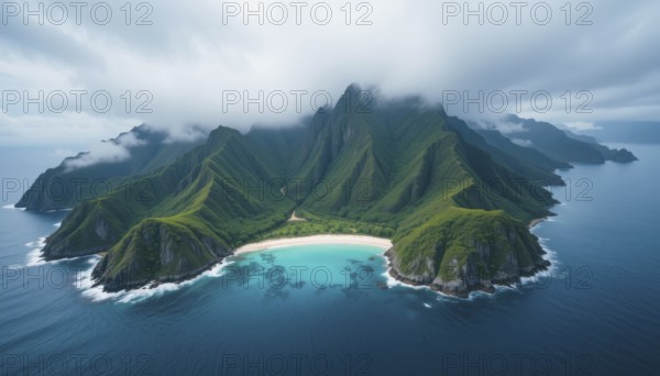 Aerial view of a stunning tropical island with lush green mountains, a white sandy beach, and