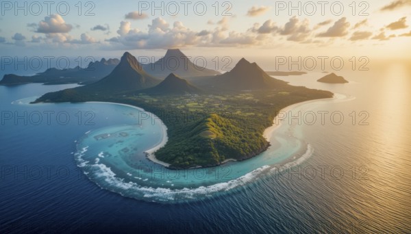 An aerial view captures a tropical island with lush green mountains, turquoise waters, and a