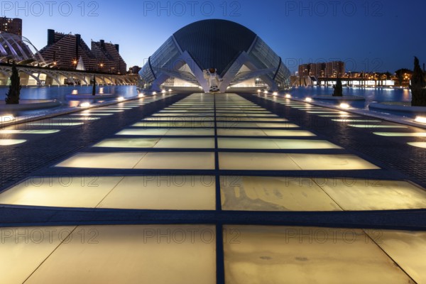 Valencia Spain Futuristic architecture at night, illuminated against the clear night sky City of
