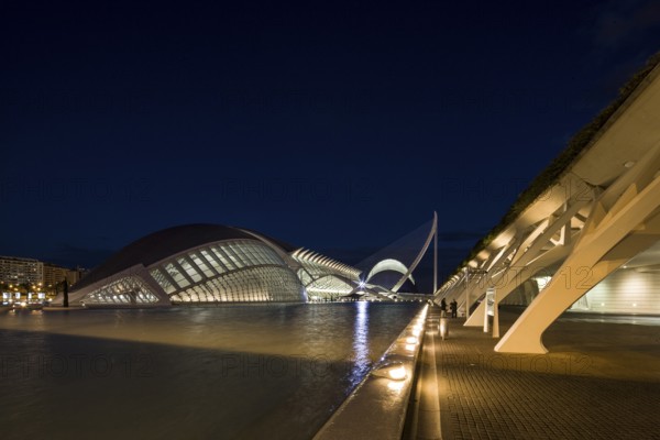 Valencia Spain Innovative urban structures reflect in the water under a dark sky City of Arts and