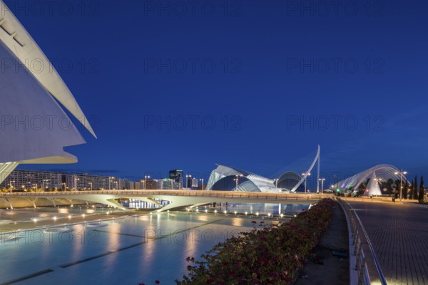 Valencia Spain Modern architecture at night with illuminated bridge under a clear blue sky