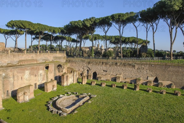 View of part of ancient historical Palatine Stadium Hippodrome on Palatine Hill of Emperor Domitian