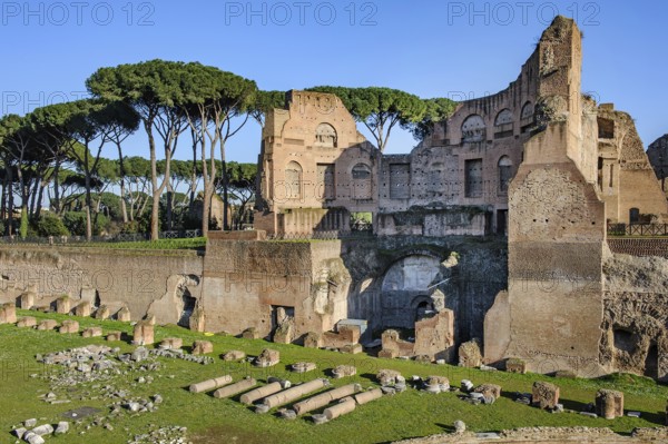 Front view of parts of ancient Palatine stadium Hippodrome with lying column fragments, behind