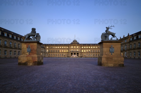 Heraldic animal lion and stag in front of the main wing and cour d'honneur Neues Schloss,