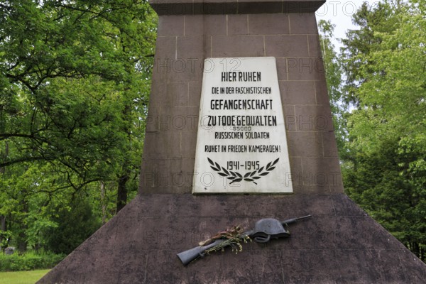 Obelisk with inscription, cemetery of honour of Soviet war dead, prisoner-of-war camp, World War