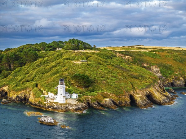 St Anthony Lighthouse from drone, Roseland peninsula, Head circular walk, Cornwall, UK